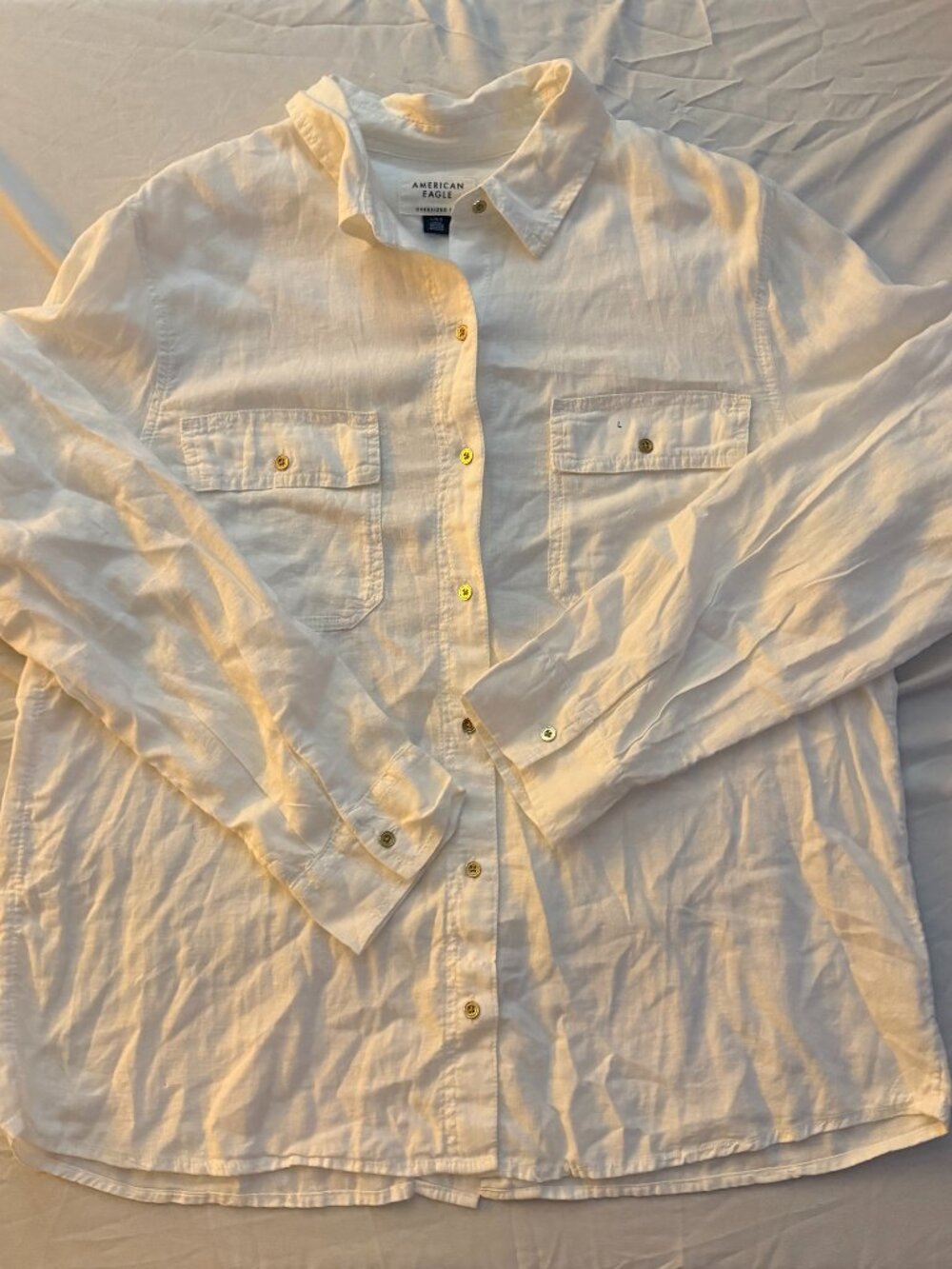 American Eagle White Oversized Linen Blend Button Down Collar Shirt
